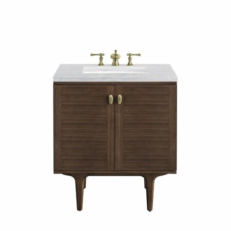 JAMES MARTIN VANITIES Amberly 30in Single Vanity, Mid-Century Walnut w/ 3 CM Arctic Fall Top 670-V30-WLT-3AF